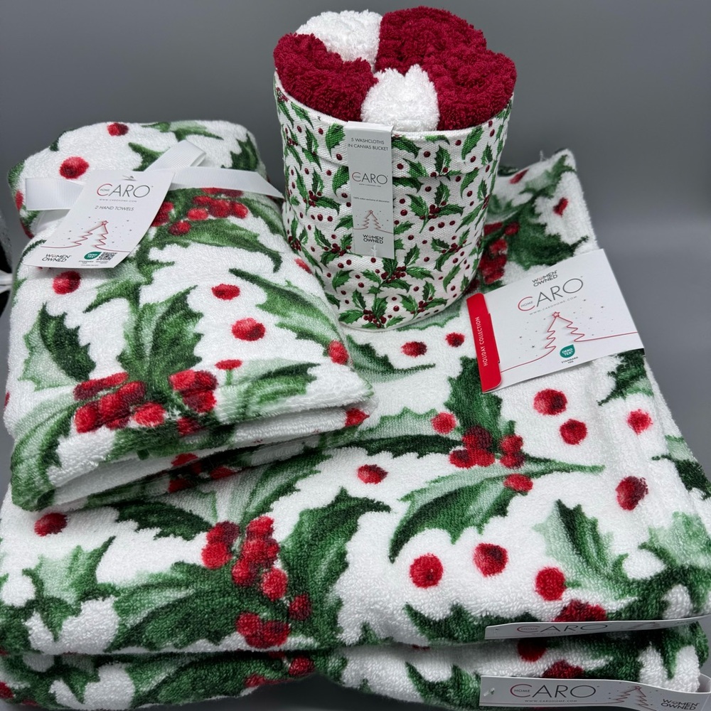 10pc Caro Christmas Holly Berries 2 Bath 2 Hand Towel 5 Washcloth Set Green Red